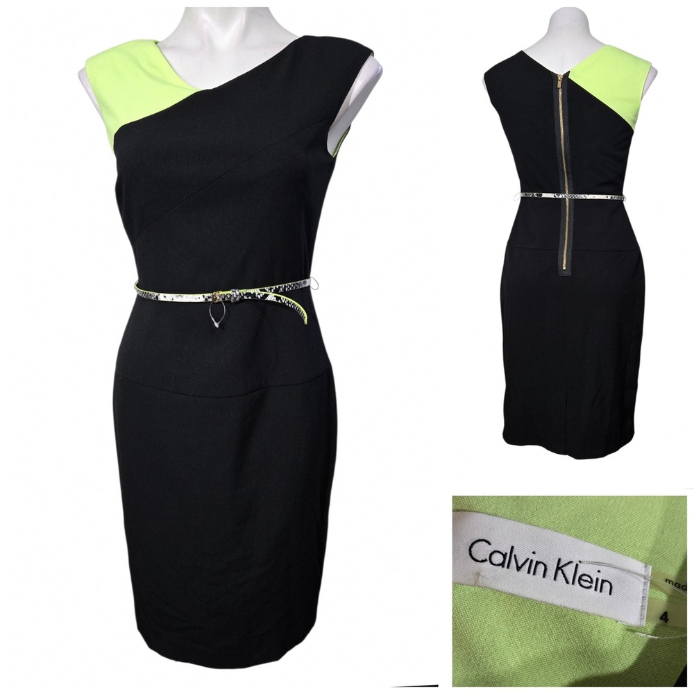 Calvin Klein dress Black Lime Green Colorblock Belted Sheath sz 4 career church